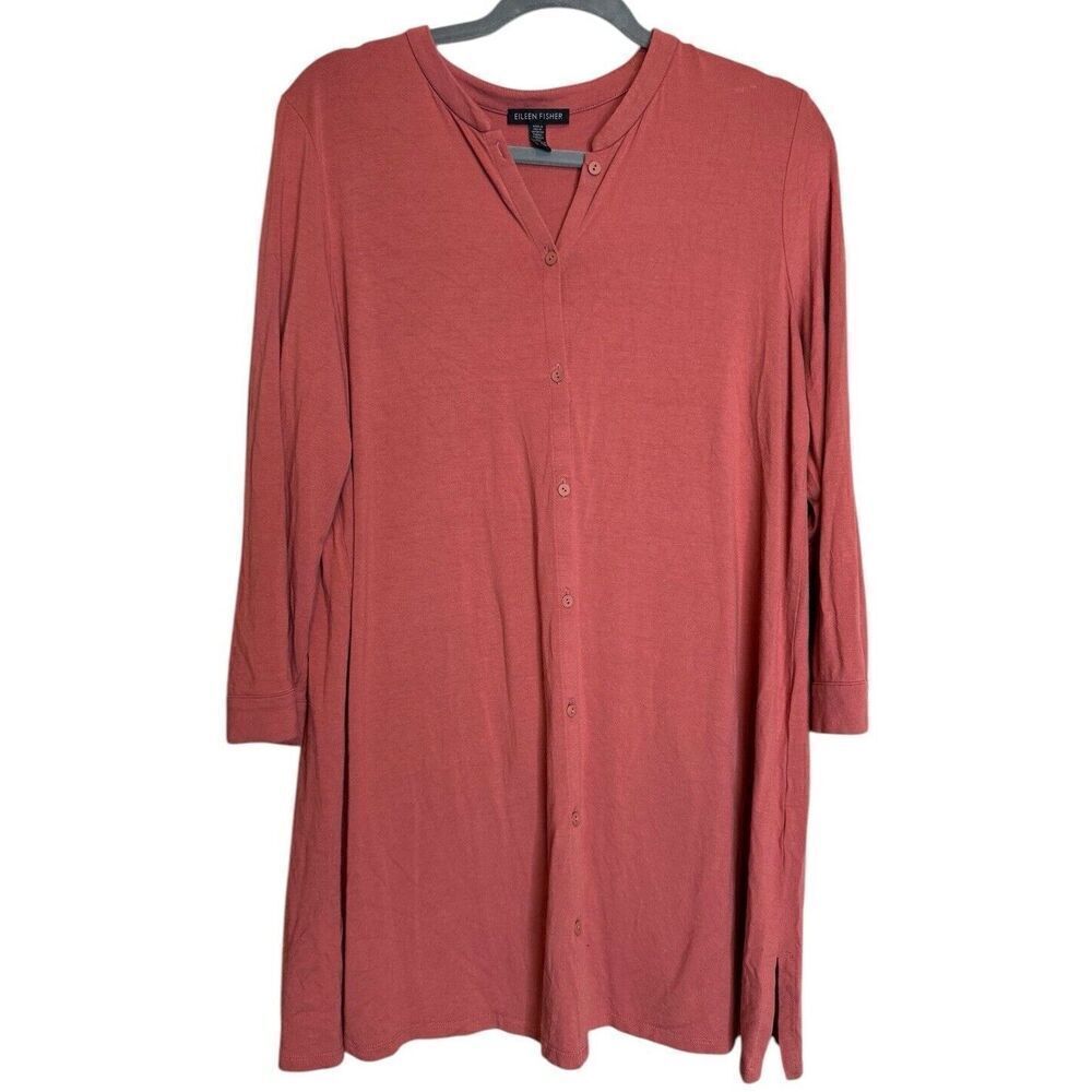 EILEEN FISHER MANDARIN COLLAR 3/4 SLEEVES BUTTONS UP TUNIC TOP SIZE L